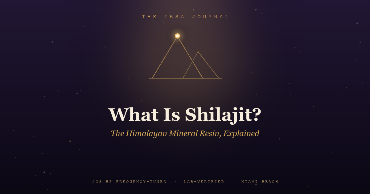 Golden mountain-peak emblem on a cosmic-dark background — cover image for the IESA guide "What Is Shilajit?"