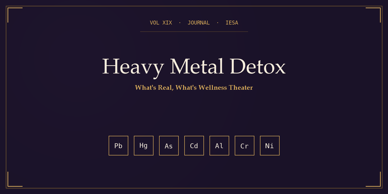 IESA Journal Volume XIX cover with the title "Heavy Metal Detox" set in serif type above a row of gold element symbol tiles on a deep plum background.