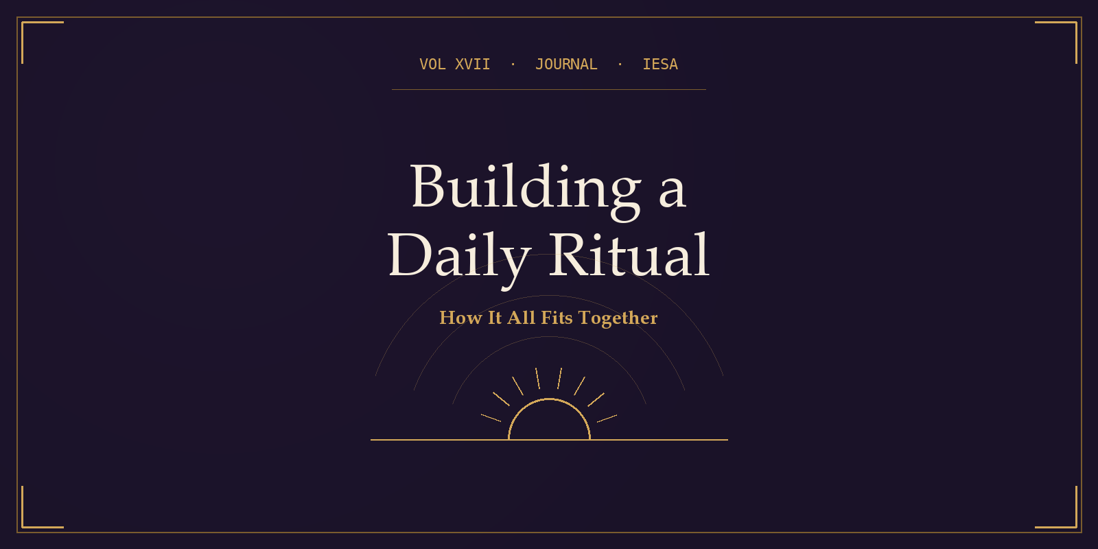 IESA Journal Volume XVII cover with the title "Building a Daily Ritual" in serif type over a gold sunrise arc rising above a horizon line on a deep plum background.
