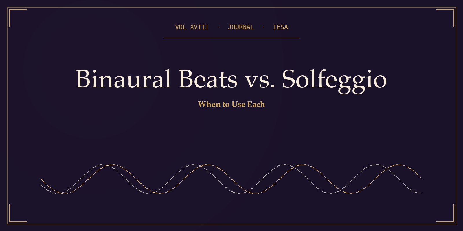 IESA Journal Volume XVIII cover with the title "Binaural Beats vs. Solfeggio" set in serif type over two offset gold waveforms on a deep plum background.