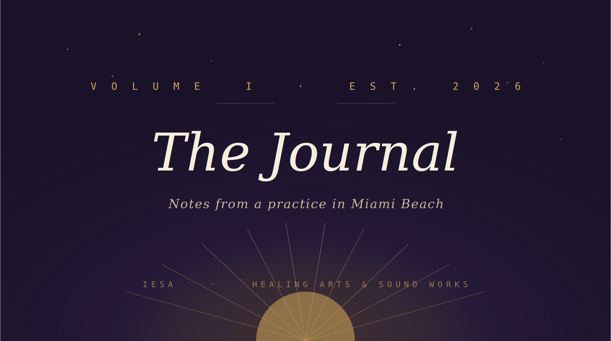 The IESA Journal — Volume I cover image with rising sun rays and serif title typography on cosmic plum background