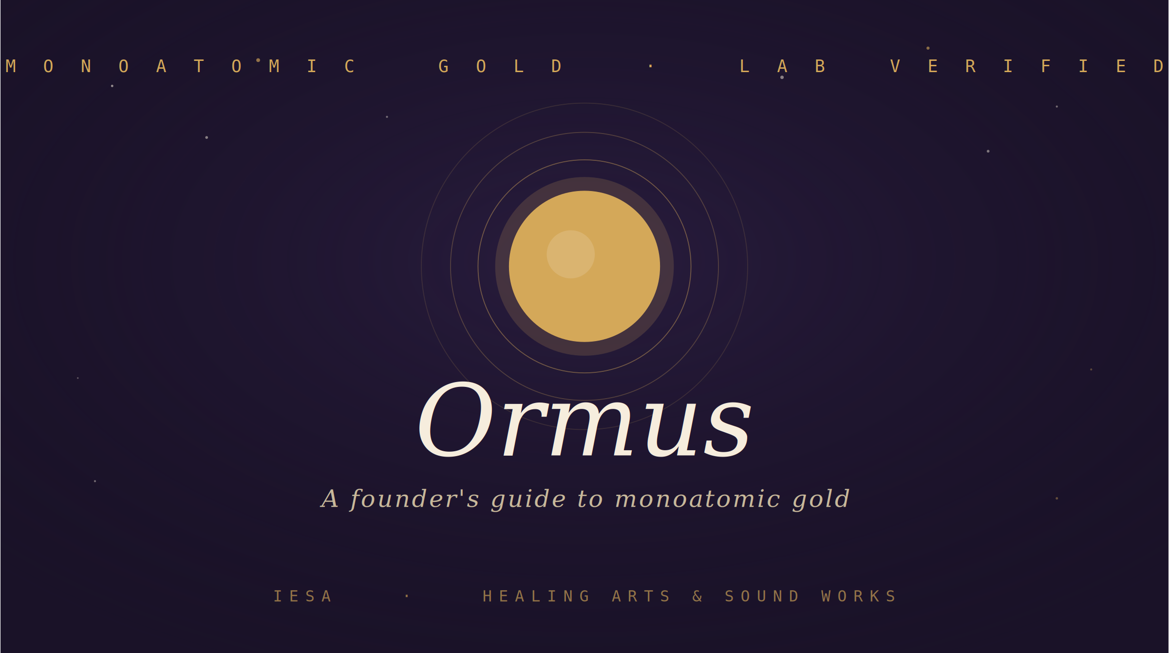 Glowing gold orb with concentric halo rings representing monoatomic gold on a cosmic plum background — IESA Journal featured image